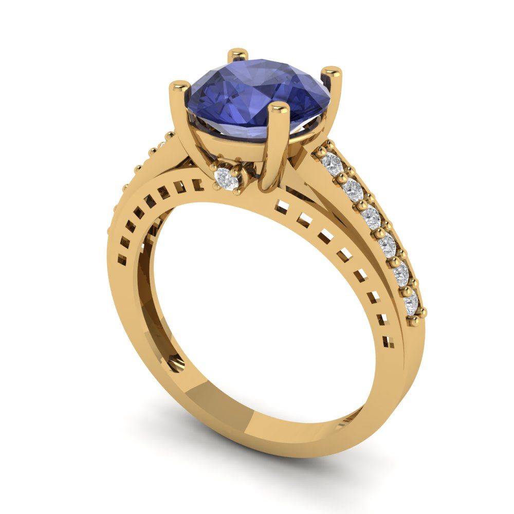 2.21 cttw Simulated Tanzanite Solitaire with Zirconia Simulated Diamond Accents Engagement Ring - Solid Gold (Round Cut,8.0mm)