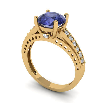 2.21 cttw Simulated Tanzanite Solitaire with Zirconia Simulated Diamond Accents Engagement Ring - Solid Gold (Round Cut,8.0mm)
