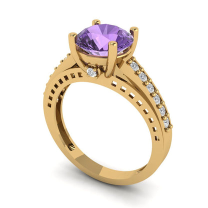 2.21 cttw Simulated Alexandrite Solitaire with Zirconia Simulated Diamond Accents Engagement Ring - Solid Gold (Round Cut,8.0mm)