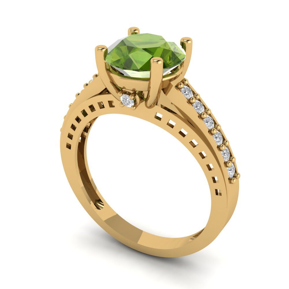 2.21 cttw Natural Peridot Solitaire with Zirconia Simulated Diamond Accents Engagement Ring - Solid Yellow Gold (VVS1, Round Cut,8.0mm)