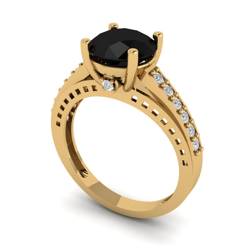 2.21 cttw Natural Onyx Solitaire with Zirconia Simulated Diamond Accents Engagement Ring - Solid Gold (Round Cut,8.0mm)