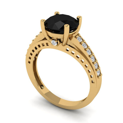 2.21 cttw Natural Onyx Solitaire with Zirconia Simulated Diamond Accents Engagement Ring - Solid Gold (Round Cut,8.0mm)