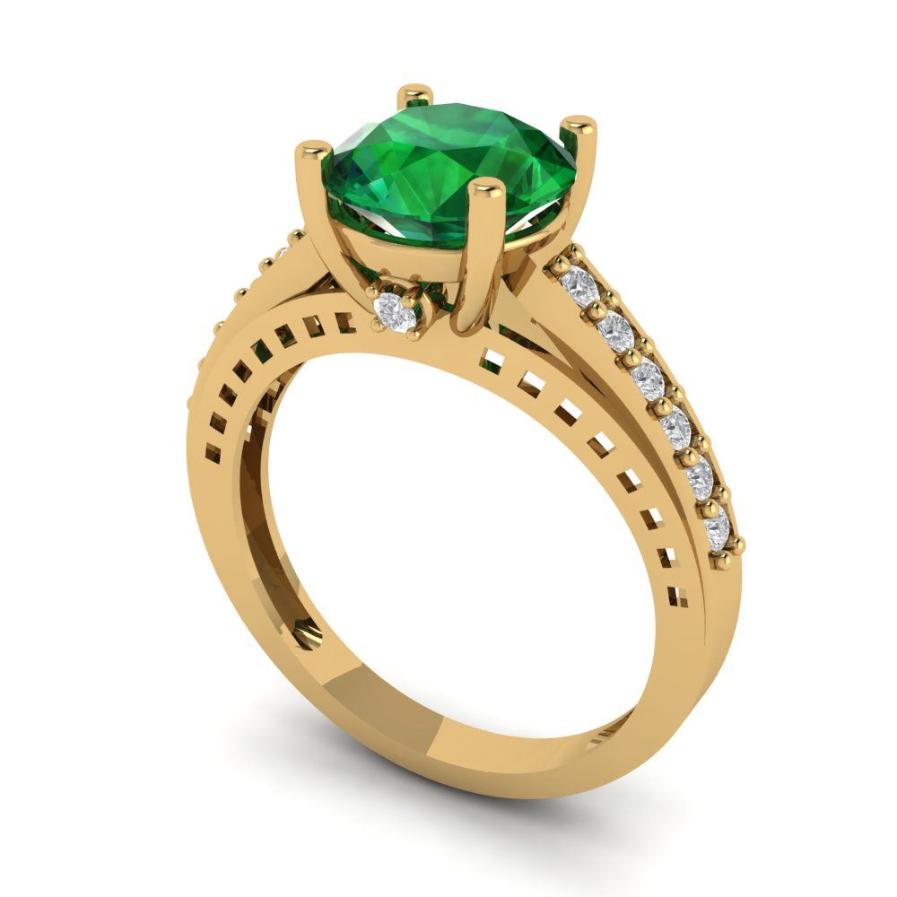 2.21 cttw Simulated Emerald Solitaire with Zirconia Simulated Diamond Accents Engagement Ring - Solid Gold (Round Cut,8.0mm)