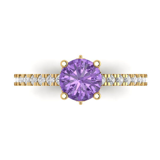 1.465 cttw Simulated Alexandrite Solitaire with Zirconia Simulated Diamond Accents Engagement Ring - Solid Yellow Gold (VVS1, Round Cut,6.5mm)