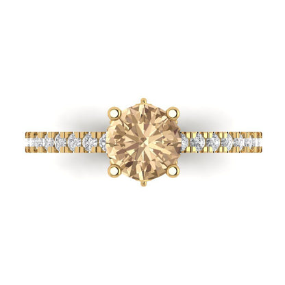 1.465 cttw Yellow Moissanite Solitaire with Zirconia Simulated Diamond Accents Engagement Ring - Solid Gold (Round Cut,6.5mm)