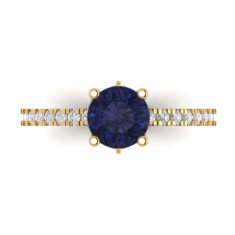 1.465 cttw Simulated Blue Sapphire Solitaire with Zirconia Simulated Diamond Accents Engagement Ring - Solid Gold (Round Cut,6.5mm)