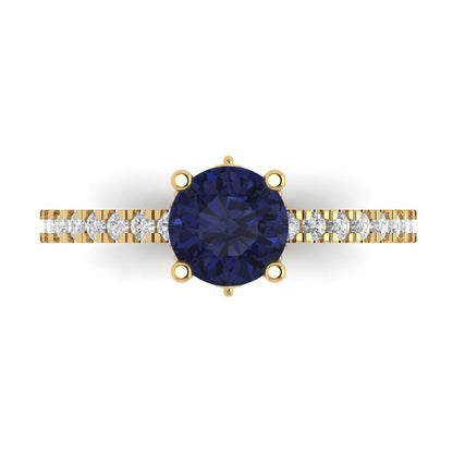 1.465 cttw Simulated Blue Sapphire Solitaire with Zirconia Simulated Diamond Accents Engagement Ring - Solid Gold (Round Cut,6.5mm)