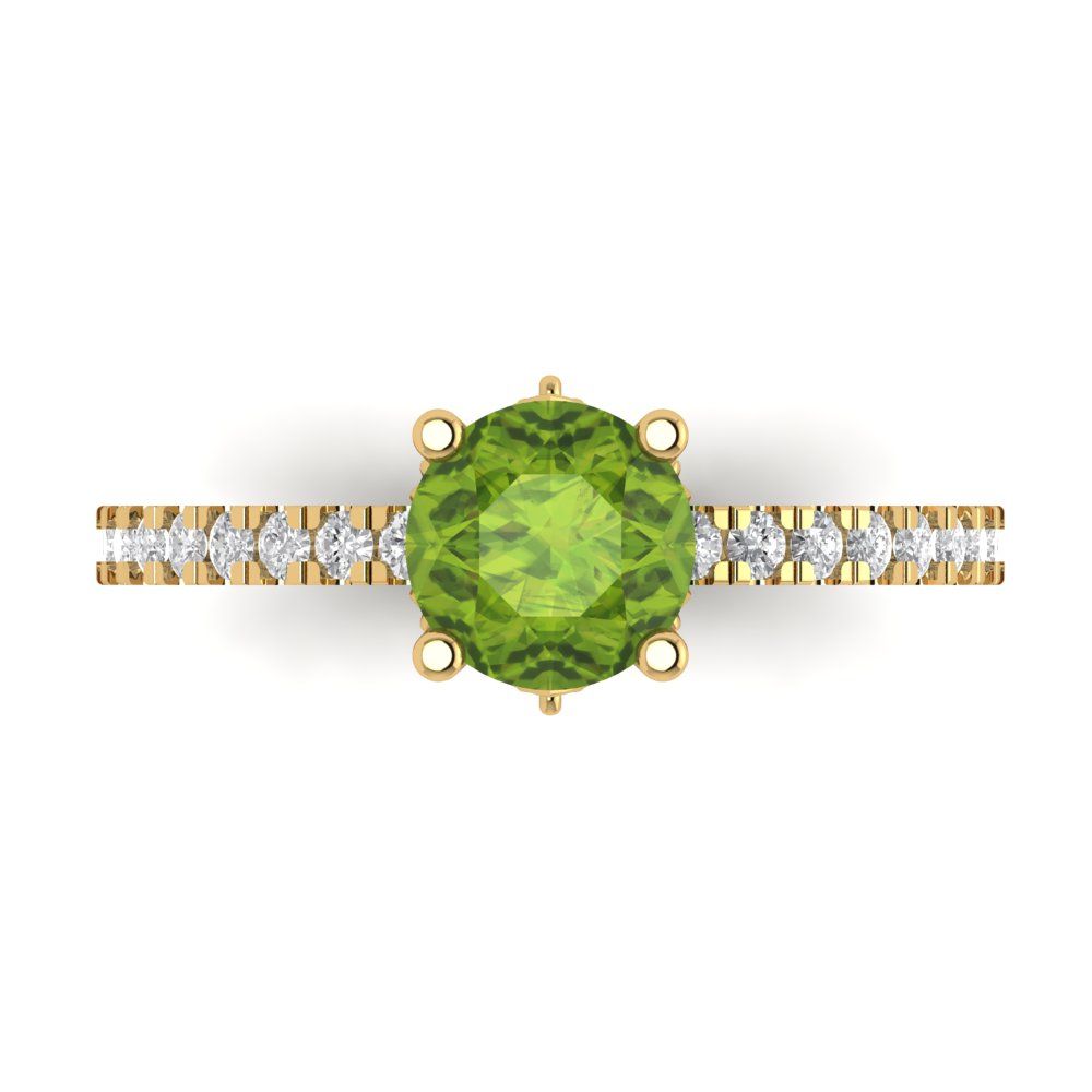 1.465 cttw Natural Peridot Solitaire with Zirconia Simulated Diamond Accents Engagement Ring - Solid Yellow Gold (VVS1, Round Cut,6.5mm)