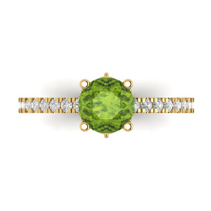 1.465 cttw Natural Peridot Solitaire with Zirconia Simulated Diamond Accents Engagement Ring - Solid Yellow Gold (VVS1, Round Cut,6.5mm)
