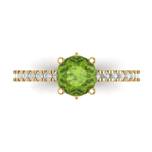 1.465 cttw Natural Peridot Solitaire with Zirconia Simulated Diamond Accents Engagement Ring - Solid Yellow Gold (VVS1, Round Cut,6.5mm)