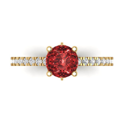 1.465 cttw Natural Garnet Solitaire with Zirconia Simulated Diamond Accents Engagement Ring - Solid Gold (Round Cut,6.5mm)