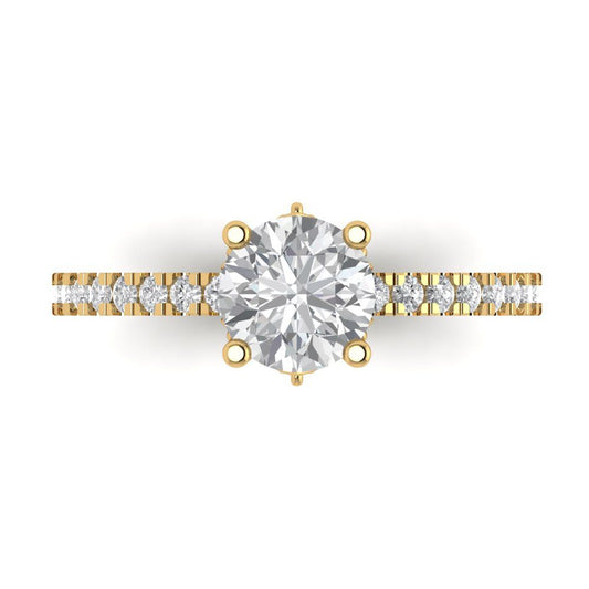 1.465 cttw Moissanite Solitaire with Zirconia Simulated Diamond Accents Engagement Ring - Solid Yellow Gold (VVS1, Round Cut,6.5mm)