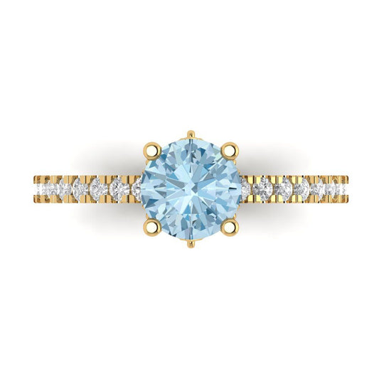 1.465 cttw Natural Aquamarine Solitaire with Zirconia Simulated Diamond Accents Engagement Ring - Solid Yellow Gold (VVS1, Round Cut,6.5mm)