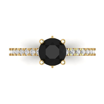 1.465 cttw Natural Onyx Solitaire with Zirconia Simulated Diamond Accents Engagement Ring - Solid Gold (Round Cut,6.5mm)