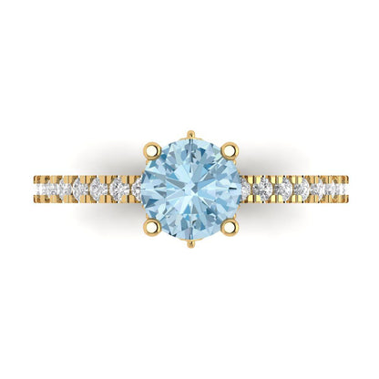 1.465 cttw Natural Sky Blue Topaz Solitaire with Zirconia Simulated Diamond Accents Engagement Ring - Solid Gold (Round Cut,6.5mm)
