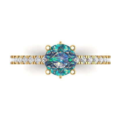 1.465 cttw Blue Moissanite Solitaire with Zirconia Simulated Diamond Accents Engagement Ring - Solid Gold (Round Cut,6.5mm)