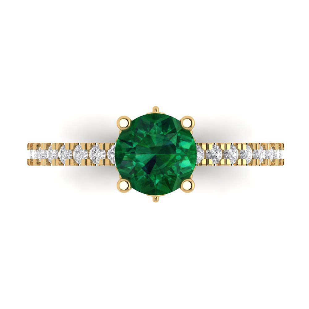1.465 cttw Simulated Emerald Solitaire with Zirconia Simulated Diamond Accents Engagement Ring - Solid Gold (Round Cut,6.5mm)