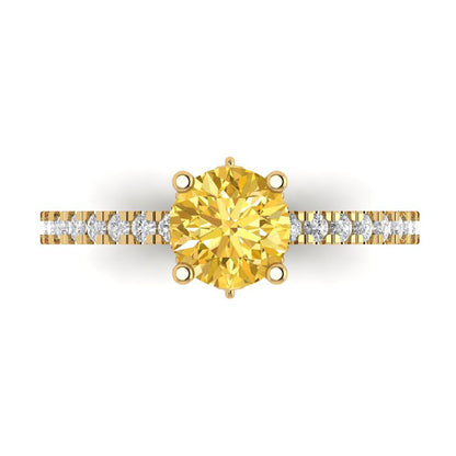 1.465 cttw Natural Citrine Solitaire with Zirconia Simulated Diamond Accents Engagement Ring - Solid Gold (Round Cut,6.5mm)