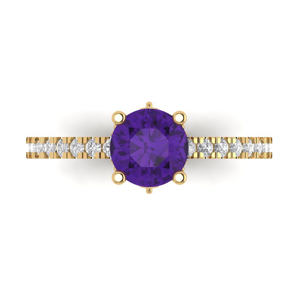 1.465 cttw Natural Amethyst Solitaire with Zirconia Simulated Diamond Accents Engagement Ring - Solid Gold (Round Cut,6.5mm)