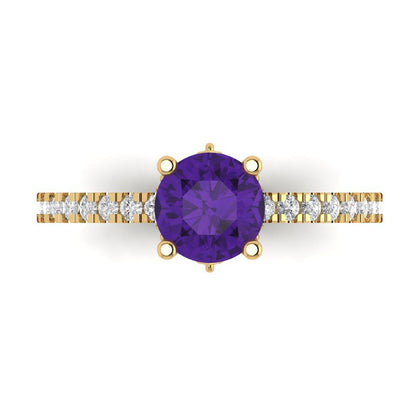 1.465 cttw Natural Amethyst Solitaire with Zirconia Simulated Diamond Accents Engagement Ring - Solid Gold (Round Cut,6.5mm)