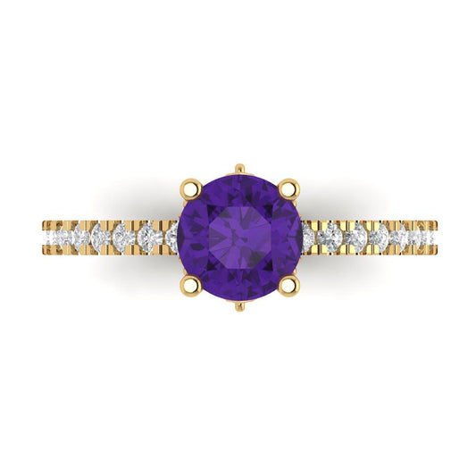 1.465 cttw Natural Amethyst Solitaire with Zirconia Simulated Diamond Accents Engagement Ring - Solid Yellow Gold (VVS1, Round Cut,6.5mm)