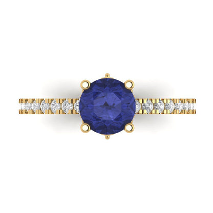 1.465 cttw Simulated Tanzanite Solitaire with Zirconia Simulated Diamond Accents Engagement Ring - Solid Gold (Round Cut,6.5mm)