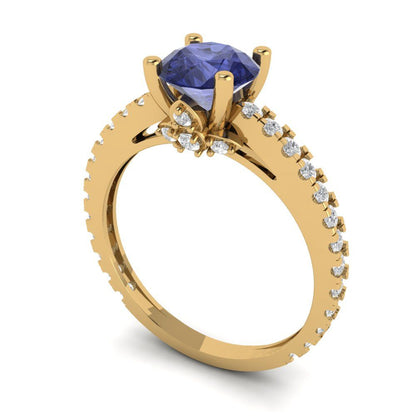 1.465 cttw Simulated Tanzanite Solitaire with Zirconia Simulated Diamond Accents Engagement Ring - Solid Gold (Round Cut,6.5mm)