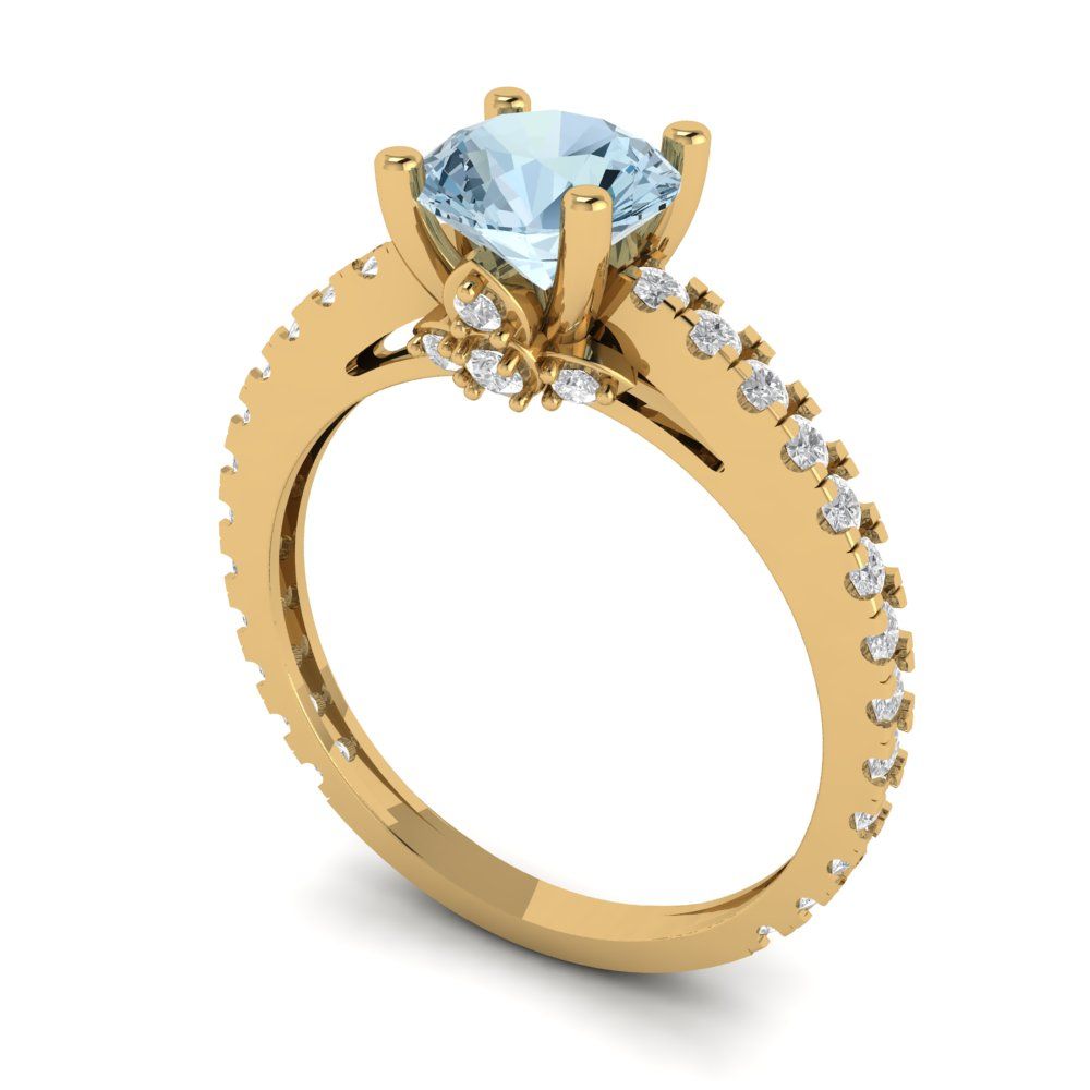 1.465 cttw Natural Sky Blue Topaz Solitaire with Zirconia Simulated Diamond Accents Engagement Ring - Solid Gold (Round Cut,6.5mm)