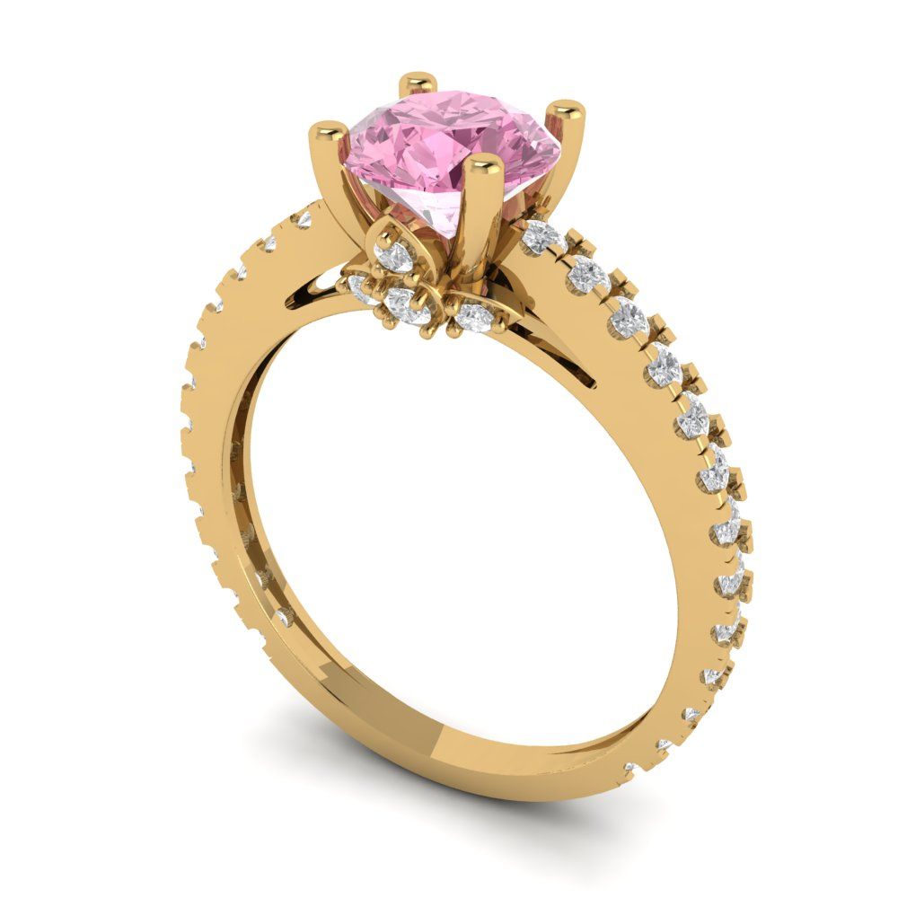 1.465 cttw Zirconia Simulated Pink Diamond Solitaire with Zirconia Simulated Diamond Accents Engagement Ring - Solid Gold (VVS1, Round Cut,6.5mm)