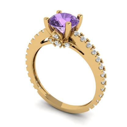 1.465 cttw Simulated Alexandrite Solitaire with Zirconia Simulated Diamond Accents Engagement Ring - Solid Gold (Round Cut,6.5mm)