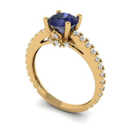 1.465 cttw Simulated Blue Sapphire Solitaire with Zirconia Simulated Diamond Accents Engagement Ring - Solid Gold (Round Cut,6.5mm)