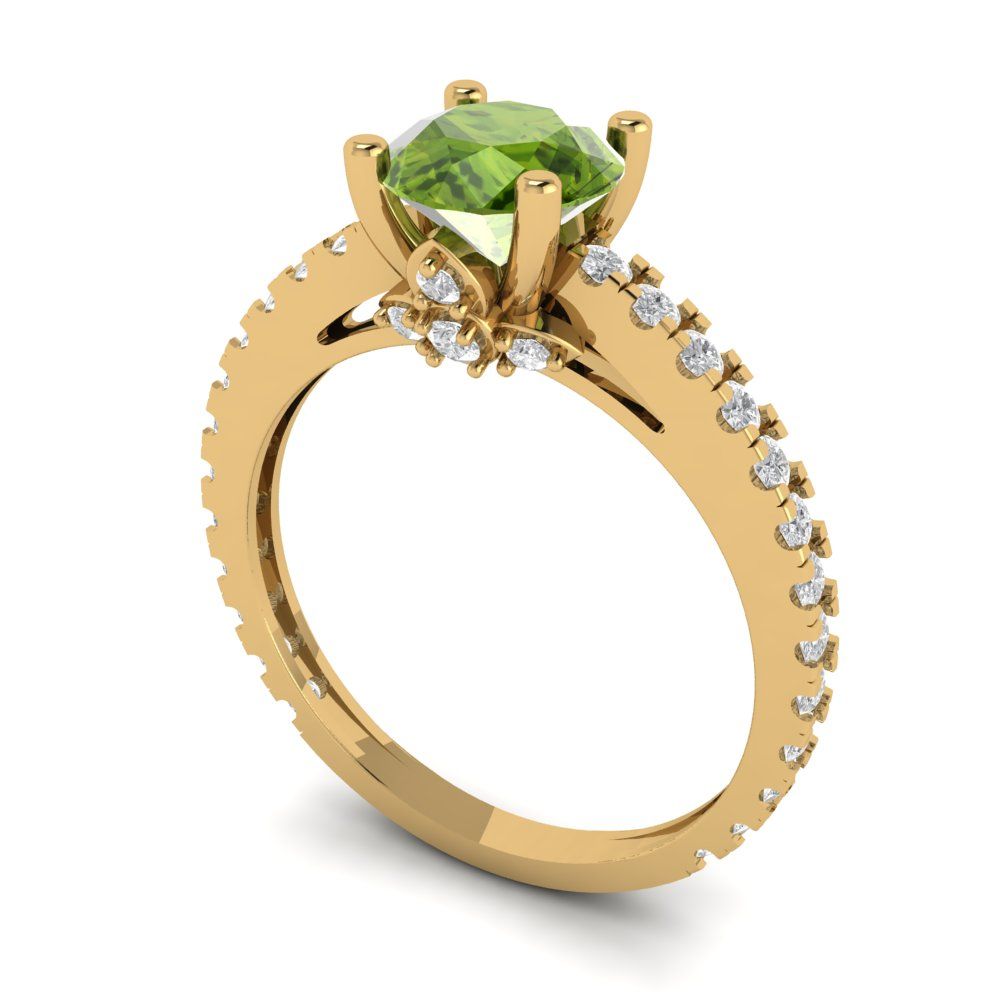 1.465 cttw Natural Peridot Solitaire with Zirconia Simulated Diamond Accents Engagement Ring - Solid Yellow Gold (VVS1, Round Cut,6.5mm)
