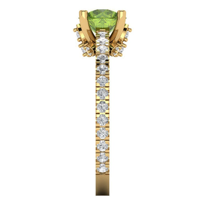 1.465 cttw Natural Peridot Solitaire with Zirconia Simulated Diamond Accents Engagement Ring - Solid Yellow Gold (VVS1, Round Cut,6.5mm)