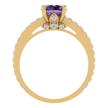 1.465 cttw Simulated Alexandrite Solitaire with Zirconia Simulated Diamond Accents Engagement Ring - Solid Gold (Round Cut,6.5mm)