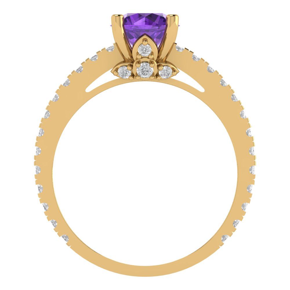 1.465 cttw Natural Amethyst Solitaire with Zirconia Simulated Diamond Accents Engagement Ring - Solid Gold (Round Cut,6.5mm)