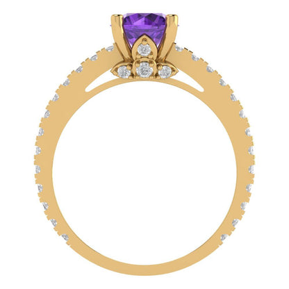 1.465 cttw Natural Amethyst Solitaire with Zirconia Simulated Diamond Accents Engagement Ring - Solid Gold (Round Cut,6.5mm)