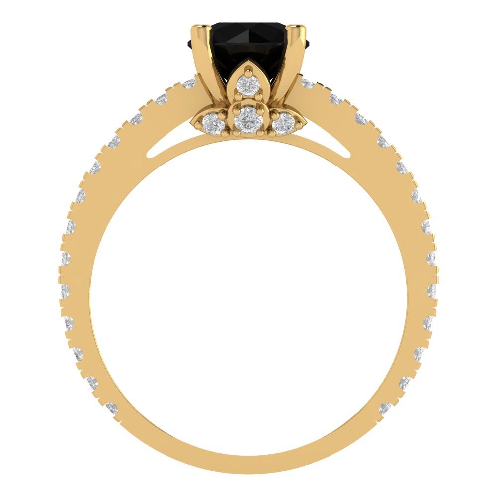 1.465 cttw Natural Onyx Solitaire with Zirconia Simulated Diamond Accents Engagement Ring - Solid Gold (Round Cut,6.5mm)