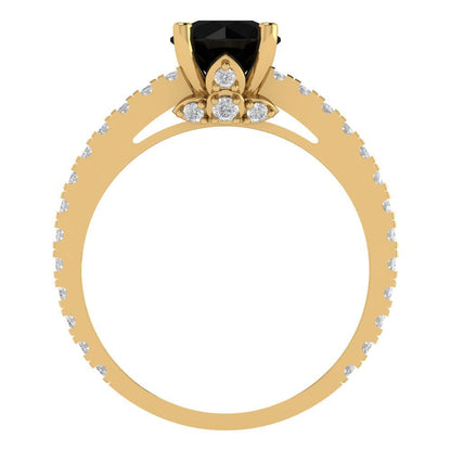 1.465 cttw Natural Onyx Solitaire with Zirconia Simulated Diamond Accents Engagement Ring - Solid Gold (Round Cut,6.5mm)