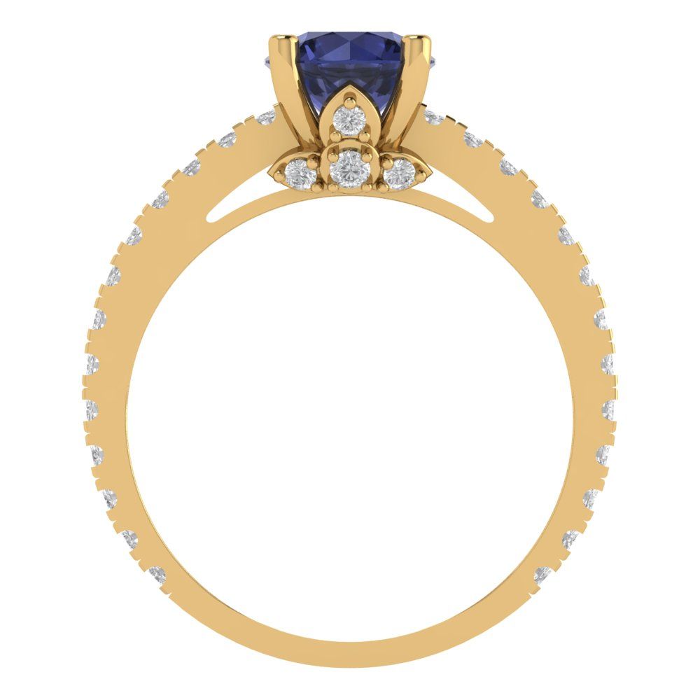 1.465 cttw Simulated Blue Sapphire Solitaire with Zirconia Simulated Diamond Accents Engagement Ring - Solid Gold (Round Cut,6.5mm)