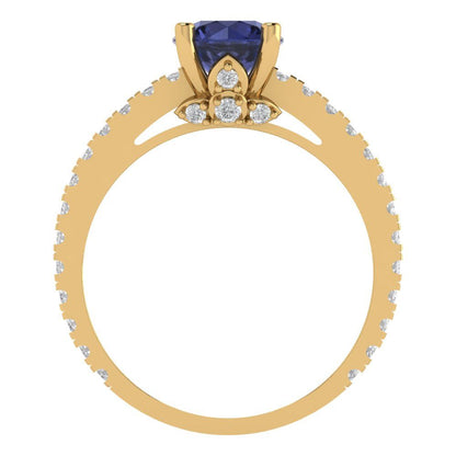 1.465 cttw Simulated Blue Sapphire Solitaire with Zirconia Simulated Diamond Accents Engagement Ring - Solid Gold (Round Cut,6.5mm)