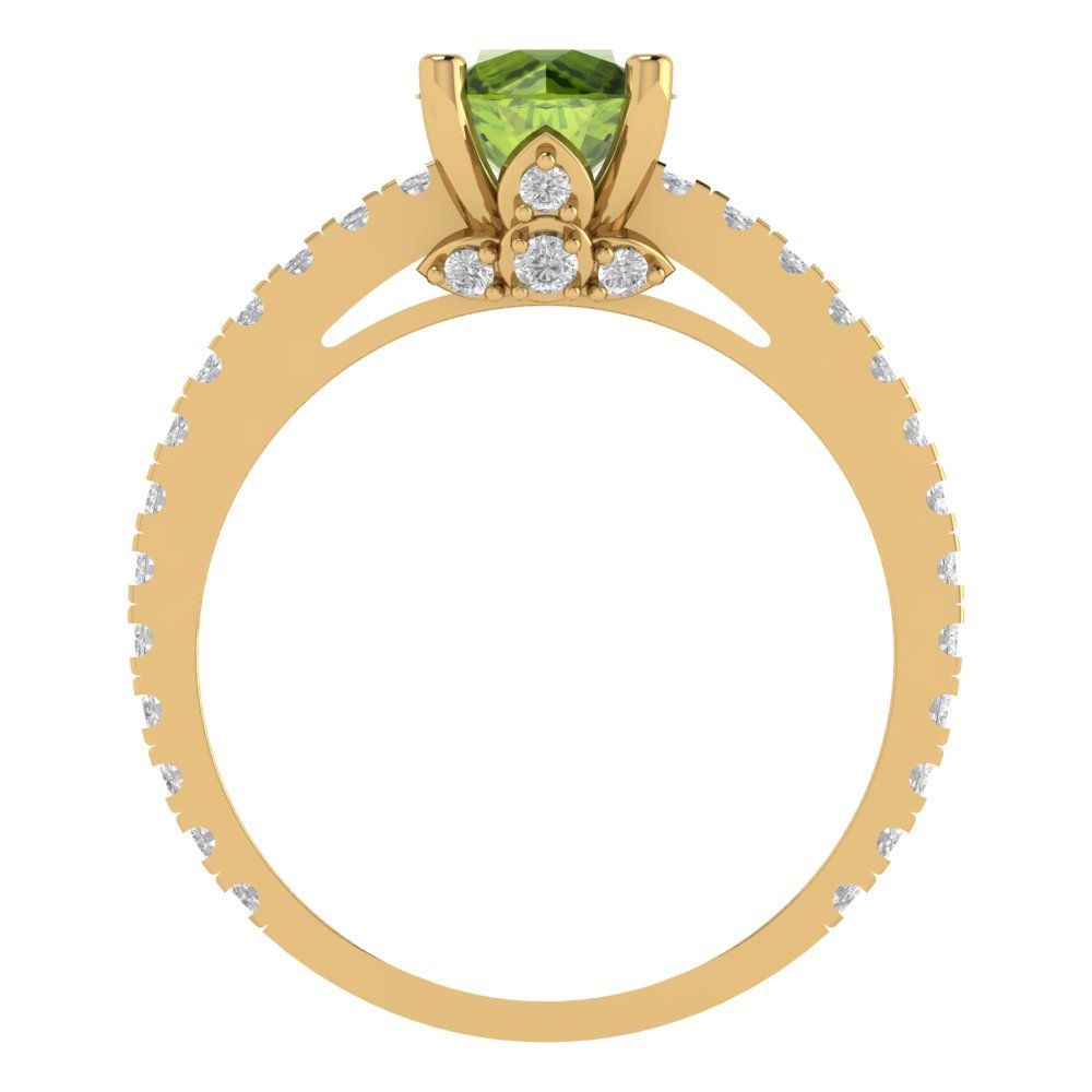 1.465 cttw Natural Peridot Solitaire with Zirconia Simulated Diamond Accents Engagement Ring - Solid Yellow Gold (VVS1, Round Cut,6.5mm)