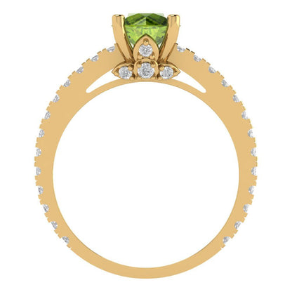 1.465 cttw Natural Peridot Solitaire with Zirconia Simulated Diamond Accents Engagement Ring - Solid Yellow Gold (VVS1, Round Cut,6.5mm)