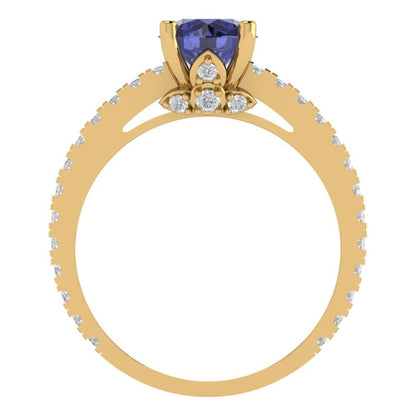 1.465 cttw Simulated Tanzanite Solitaire with Zirconia Simulated Diamond Accents Engagement Ring - Solid Gold (Round Cut,6.5mm)