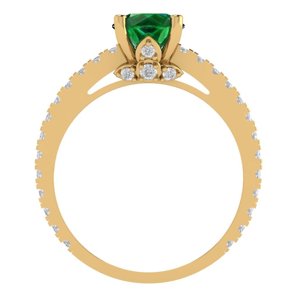 1.465 cttw Simulated Emerald Solitaire with Zirconia Simulated Diamond Accents Engagement Ring - Solid Gold (Round Cut,6.5mm)