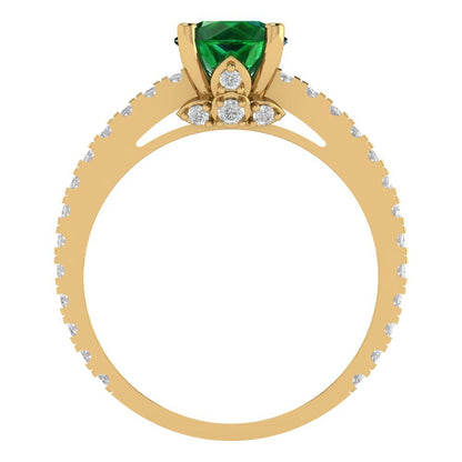1.465 cttw Simulated Emerald Solitaire with Zirconia Simulated Diamond Accents Engagement Ring - Solid Gold (Round Cut,6.5mm)