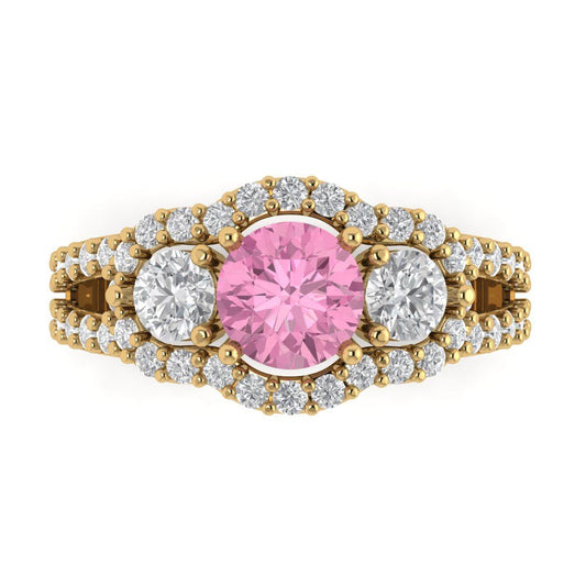 2.16 cttw Zirconia Simulated Pink Diamond Three-Stone Engagement Ring - Solid Yellow Gold (VVS1, Round Cut,6.5mm)