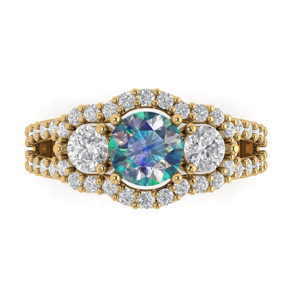 2.16 cttw Blue Moissanite Three-Stone Engagement Ring - Solid Gold (Round Cut,6.5mm)