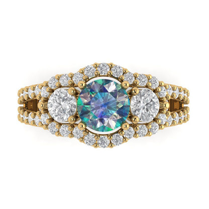 2.16 cttw Blue Moissanite Three-Stone Engagement Ring - Solid Gold (Round Cut,6.5mm)