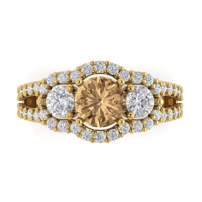 2.16 cttw Zirconia Simulated Champagne Diamond Three-Stone Engagement Ring - Solid Gold (VVS1, Round Cut,6.5mm)