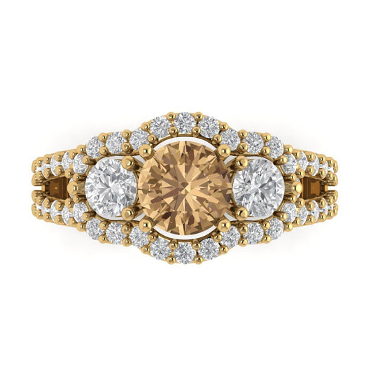 2.16 cttw Zirconia Simulated Champagne Diamond Three-Stone Engagement Ring - Solid Yellow Gold (VVS1, Round Cut,6.5mm)